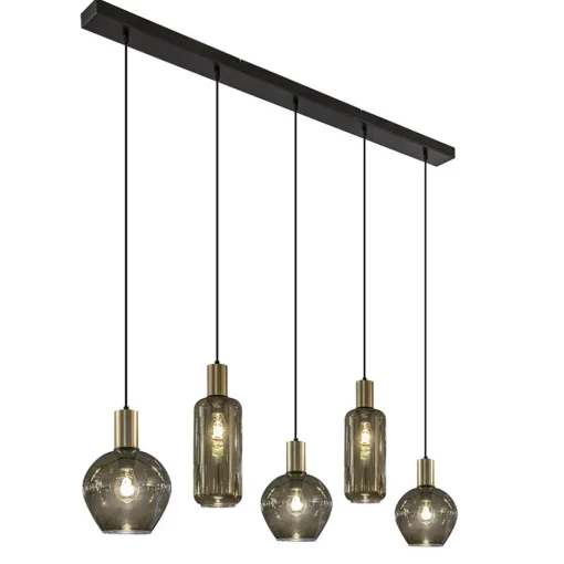 Straluma Chique 5-lichts hanglamp smoke glas met brons> Eettafellampen|Pendel Lampen