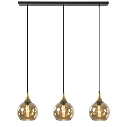 Straluma Chique 3-lichts hanglamp zwart/goud met amber glas> Eettafellampen|Pendel Lampen