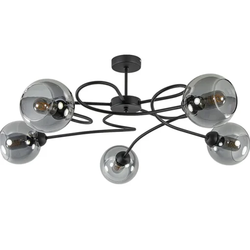 Straluma Chique 5-lichts plafondlamp zwart met smoke glazen bollen> Halverlichting|Plafondlampen