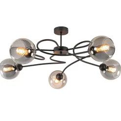 Straluma Chique 5-lichts plafondlamp zwart met smoke glazen bollen> Halverlichting|Plafondlampen
