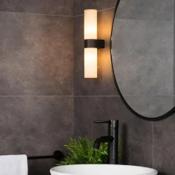 Straluma Cilinder badkamerlamp zwart met opaal glas IP44></noscript> Badkamerverlichting|Wandlampen