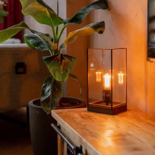Straluma Glazen tafellamp Askjer hout met zwart> Light and Living|Woonkamerlampen