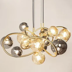 Straluma Grote hanglamp goud met amber/smoke glazen bollen></noscript> Hanglampen|Eettafellampen