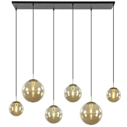 Straluma Grote 6-lichts eettafelhanglamp messing met amber glazen bollen> Eettafellampen|Keukenverlichting