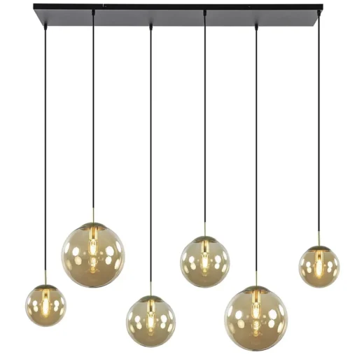Straluma Grote 6-lichts eettafelhanglamp messing met amber glazen bollen> Eettafellampen|Keukenverlichting