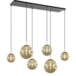 Straluma Grote 6-lichts eettafelhanglamp messing met amber glazen bollen> Eettafellampen|Keukenverlichting