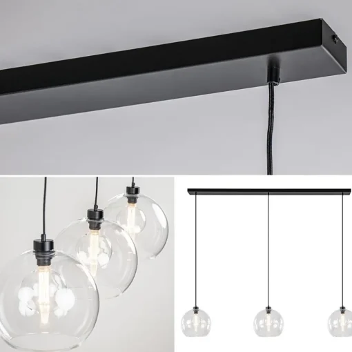 Straluma Grote 3-lichts hanglamp met helder glas en zwarte balk> Eettafellampen|Pendel Lampen