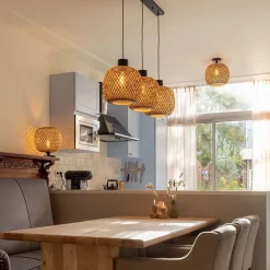 Straluma Hanglamp balk 3L zwart + bamboe></noscript> Eettafellampen|Keukenverlichting