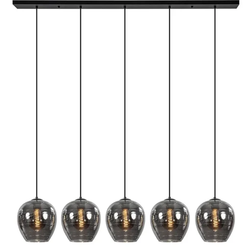 Straluma Hanglamp balk zwart 5-lichts smoke glas> Eettafellampen|Pendel Lampen