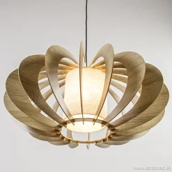 Straluma Hanglamp 64cm houten lamellen+linnen kap> Eettafellampen|Slaapkamerlampen