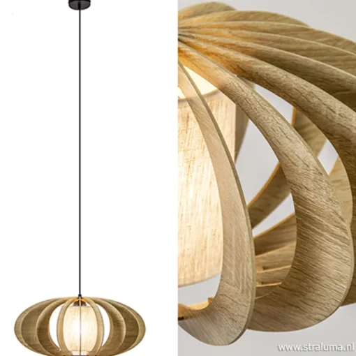 Straluma Hanglamp houten lamellen + kap 50cm> Eettafellampen|Slaapkamerlampen
