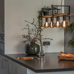 Straluma Hanglamp 4L zwart met houten planken></noscript> Eettafellampen|Eetkamerverlichting