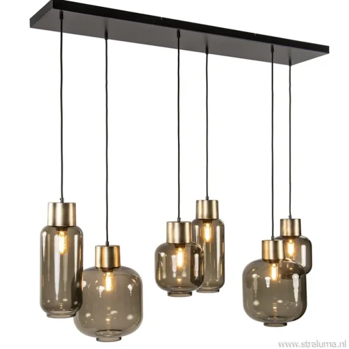 Straluma Hanglamp Lett 6L zwart/brons+glas smoke> Eettafellampen|Pendel Lampen