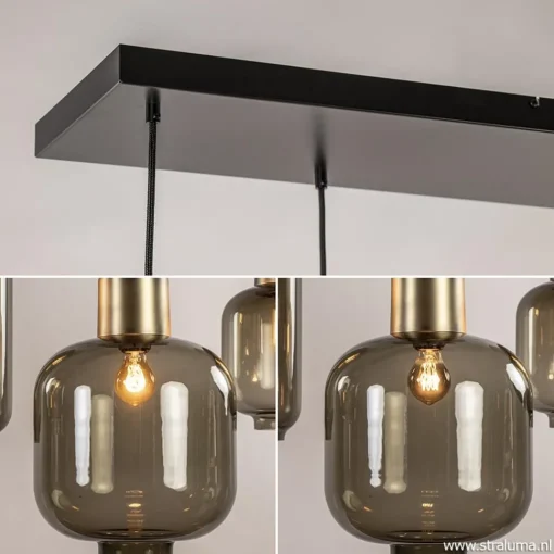 Straluma Hanglamp Lett 6L zwart/brons+glas smoke> Eettafellampen|Pendel Lampen