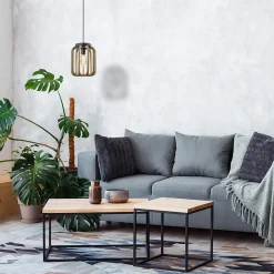 Straluma Industrieel landelijke hanglamp mat zwart met ruw hout></noscript> Kooilampen|Woonkamerlampen