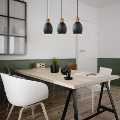 Straluma Industrieel landelijke hanglamp 3-lichts zwart met hout></noscript> Eettafellampen|Keukenverlichting