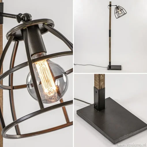 Straluma Industrieel landelijke vloerlamp Matrix hout met metalen korf> Kooilampen|Slaapkamerlampen