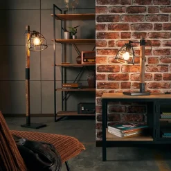 Straluma Industrieel landelijke vloerlamp Matrix hout met metalen korf></noscript> Kooilampen|Slaapkamerlampen