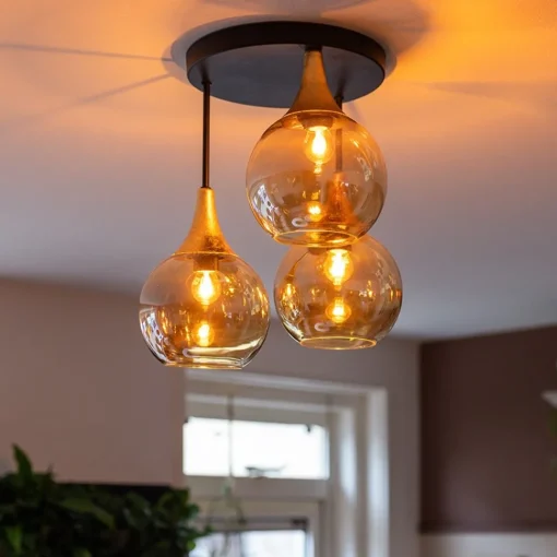 Straluma Klassieke plafondlamp zwart/goud met amber glas> Woonkamerlampen|Slaapkamerlampen