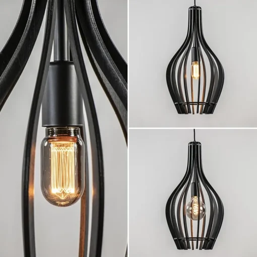 Straluma Kleine hanglamp kegel houten lamellen zwart> Eetkamerverlichting|Hanglampen