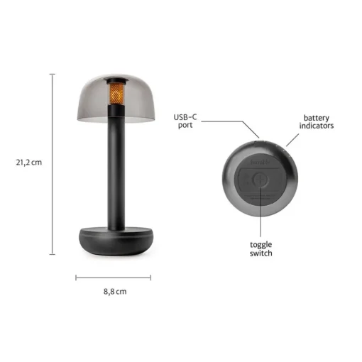 Straluma Kleine LED tafellamp oplaadbaar mat zwart met smoke glas> Tafellampen|LED Tafellampen