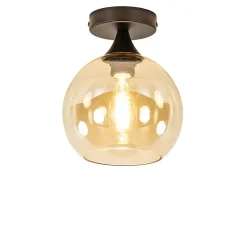 Straluma Kleine plafondlamp zwart met amber glazen bol> Plafondlampen|Klassieke Verlichting