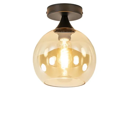 Straluma Kleine plafondlamp zwart met amber glazen bol> Plafondlampen|Klassieke Verlichting