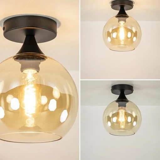 Straluma Kleine plafondlamp zwart met amber glazen bol> Plafondlampen|Klassieke Verlichting