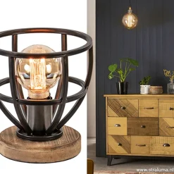 Straluma Kleine tafellamp Matrix zwart met hout></noscript> Kooilampen|Slaapkamerlampen