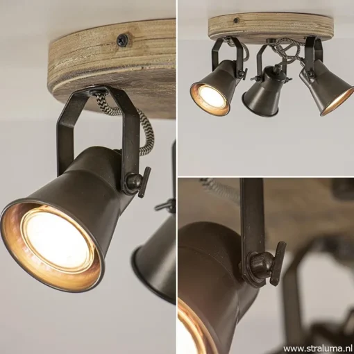 Straluma Landelijke 3-lichts plafondspot Seed metaal met hout> Opbouwspots|Tienerkamerlampen