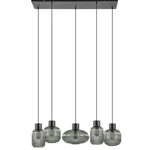 Straluma 5-Lichts eettafelhanglamp geribbeld smoke glas met zwart> Eettafellampen|Eetkamerverlichting