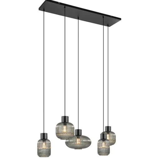 Straluma 5-Lichts eettafelhanglamp geribbeld smoke glas met zwart> Eettafellampen|Eetkamerverlichting
