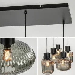 Straluma 5-Lichts eettafelhanglamp geribbeld smoke glas met zwart></noscript> Eettafellampen|Eetkamerverlichting