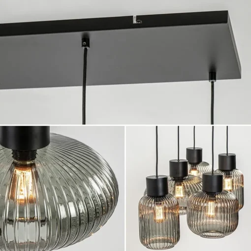 Straluma 5-Lichts eettafelhanglamp geribbeld smoke glas met zwart> Eettafellampen|Eetkamerverlichting