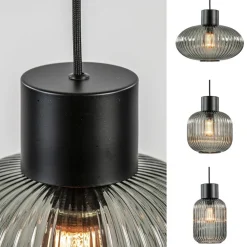 Straluma 5-Lichts eettafelhanglamp geribbeld smoke glas met zwart></noscript> Eettafellampen|Eetkamerverlichting
