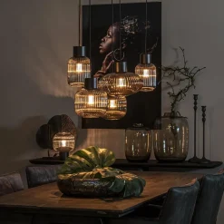 Straluma 5-Lichts eettafelhanglamp geribbeld smoke glas met zwart></noscript> Eettafellampen|Eetkamerverlichting