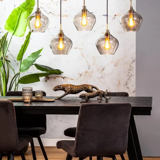 Straluma 5-Lichts eettafelhanglamp Rakel antiek brass met smoke glas> Eettafellampen|Light and Living