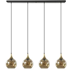 Straluma 4-Lichts eettafelhanglamp zwart/goud met amber glazen bollen> Eettafellampen|Pendel Lampen