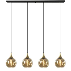 Straluma 4-Lichts eettafelhanglamp zwart/goud met amber glazen bollen> Eettafellampen|Pendel Lampen