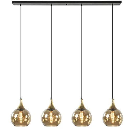 Straluma 4-Lichts eettafelhanglamp zwart/goud met amber glazen bollen> Eettafellampen|Pendel Lampen