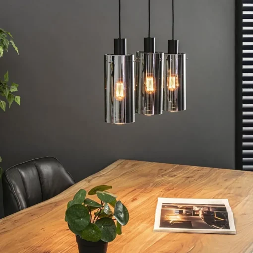 Straluma 3-Lichts eettafelhanglamp zwart met cilinder smoke glas> Eettafellampen|Pendel Lampen