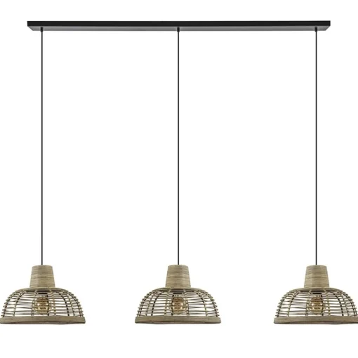Straluma 3-Lichts eettafelhanglamp zwart met rotan kappen> Eettafellampen|Keukenverlichting