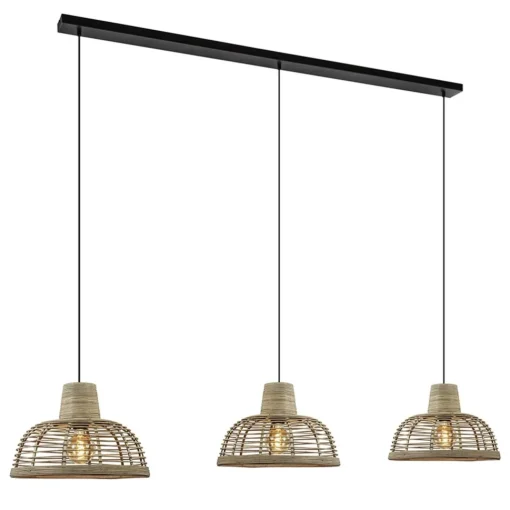 Straluma 3-Lichts eettafelhanglamp zwart met rotan kappen> Eettafellampen|Keukenverlichting