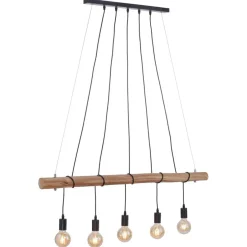 Straluma 5-Lichts hanglamp houten balk met zwarte pendels> Eettafellampen|Pendel Lampen