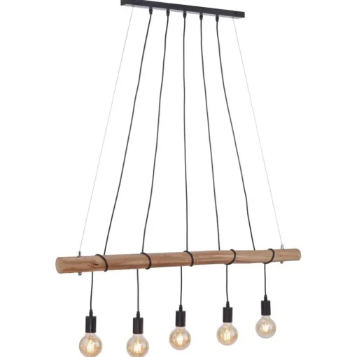 Straluma 5-Lichts hanglamp houten balk met zwarte pendels> Eettafellampen|Pendel Lampen