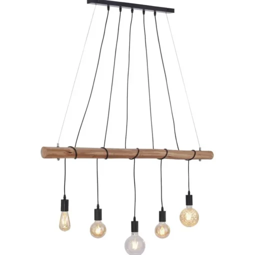 Straluma 5-Lichts hanglamp houten balk met zwarte pendels> Eettafellampen|Pendel Lampen