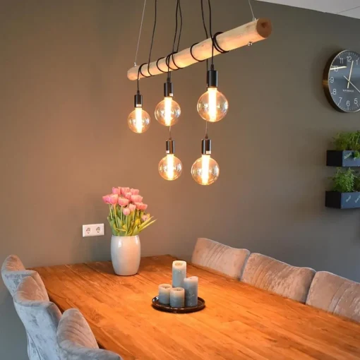 Straluma 5-Lichts hanglamp houten balk met zwarte pendels> Eettafellampen|Pendel Lampen
