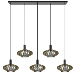 Straluma 5-Lichts hanglamp zwart met naturel houten kappen> Eettafellampen|Keukenverlichting
