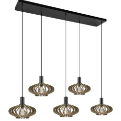 Straluma 5-Lichts hanglamp zwart met naturel houten kappen> Eettafellampen|Keukenverlichting