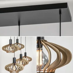 Straluma 5-Lichts hanglamp zwart met naturel houten kappen></noscript> Eettafellampen|Keukenverlichting